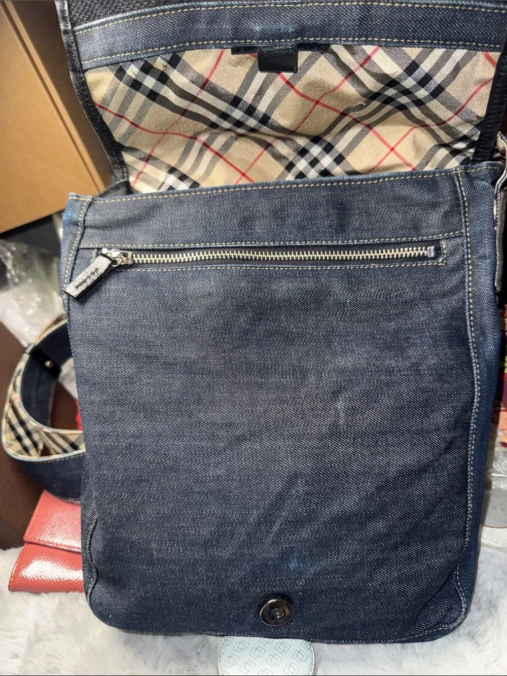 Burberry Blue Denim Messenger Bag with Beige Check Strap